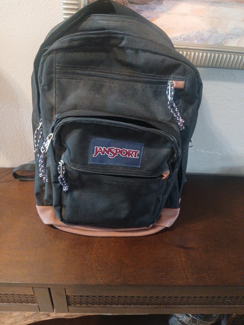 JanSport Black Canvas Backpack with Tan Accents